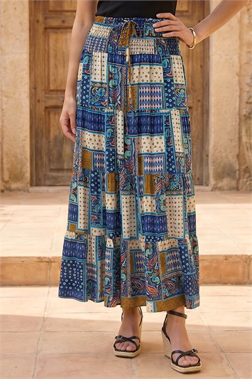 Blue Paisley Print Shirred Maxi Skirt
