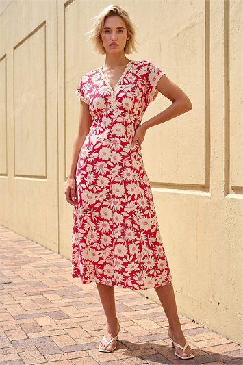 Daisy Print Lace Trim Midi Dress 14735378