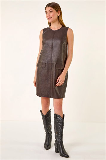 Brown Faux Leather Pocket Detail Dress