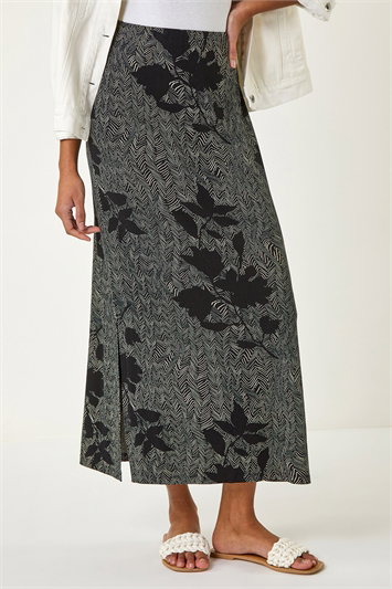 Grey Abstract Leaf Print Maxi Skirt
