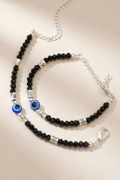 Black Silver Evil Eye Black Beaded Kids Indian Nazaria Bracelet