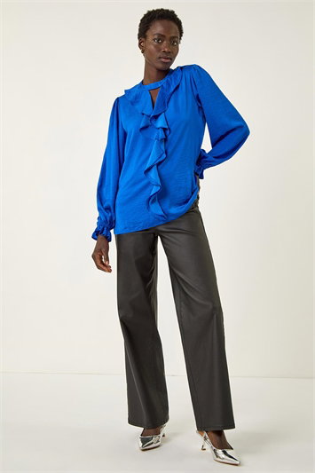 Blue Ruffle Front Keyhole Satin Top