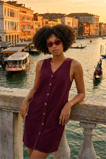 Red Cotton V-Neck Button Pocket Dress