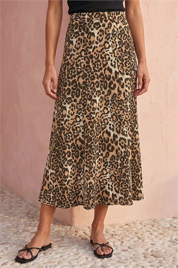 Brown Leopard Print A-Line Midi Skirt