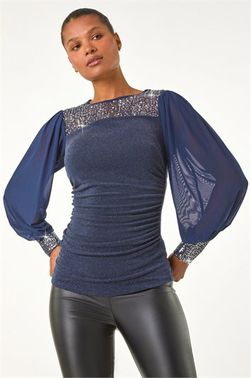 Blue Sequin Yoke Mesh Sleeve Top