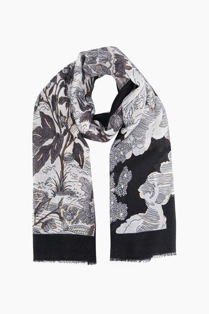 Black Lightweight Floral Bordered Scarf