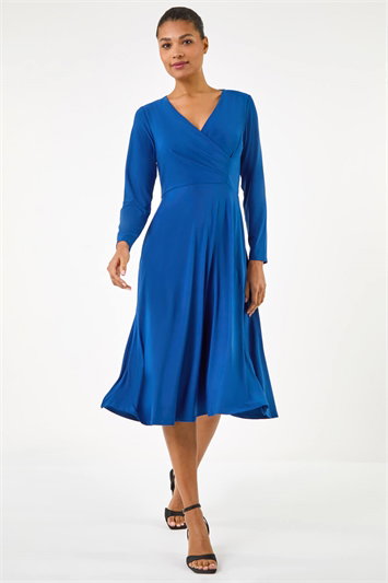 Blue Gathered Mock Wrap Midi Dress