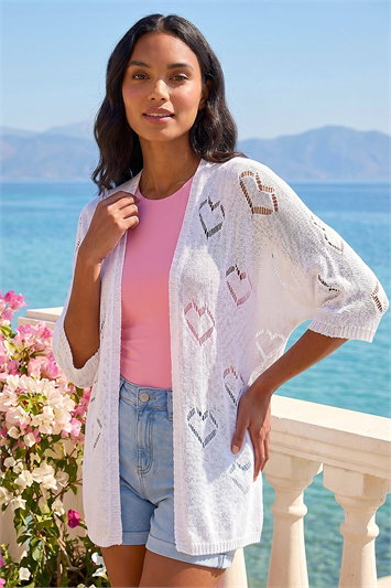 White Pointelle Heart Knit Cardigan