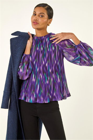 Purple Abstract Print Pleated Top