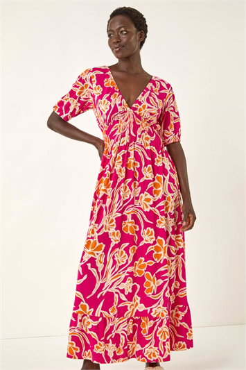 Floral V-Neck Shirred Maxi Dress 14752672