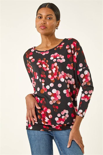 Red Spot Print Band Hem Top