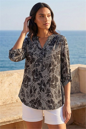 Black Puff Print Notch Neck Shirt