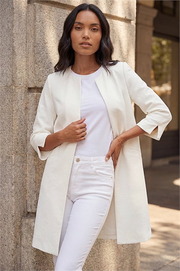 3/4 Sleeve Textured Longline Jacket 15017138