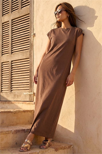 Brown Button Detail Midi Dress