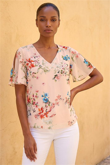 Pink Floral Angel Sleeve Top