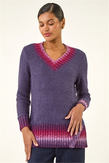 Purple V-Neck Ombre Trim Knit Jumper