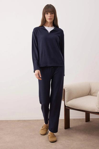 Blue Zip Neck Long Sleeve Waffle Knit Wide Leg Winter Pyjama Set