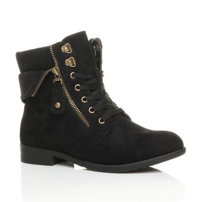 Black Lace Up Knitted Collar Biker Ankle Boots