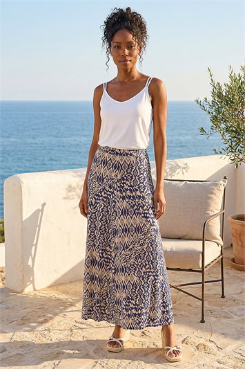 Blue Abstract Print Midi Skirt