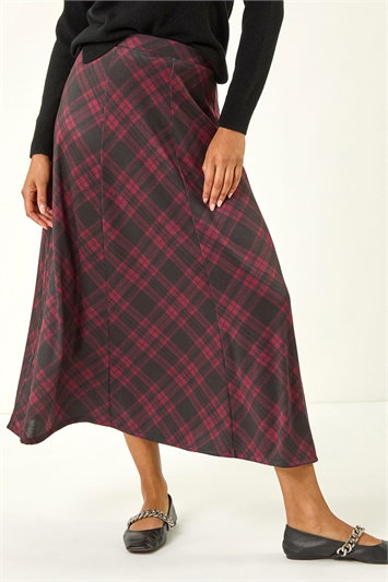 Red Check Print Midi Stretch Skirt