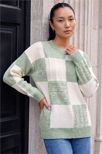 Green Patchwork Cable Knit Jumper
