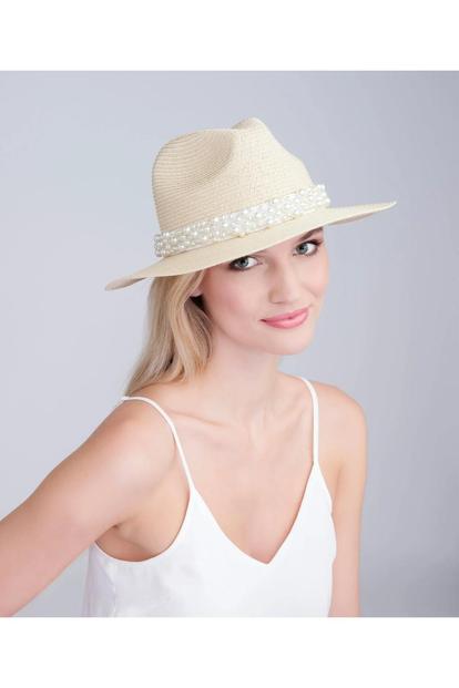 Cream Verity - Pearl Trim Straw Fedora - Beige