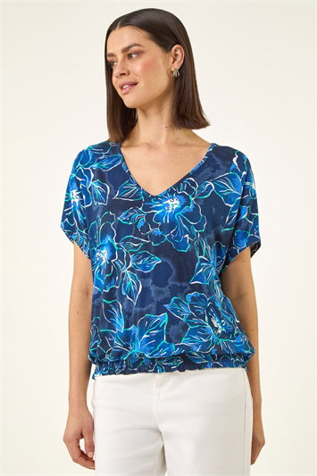 Blue Floral Print V-Neck Stretch Top