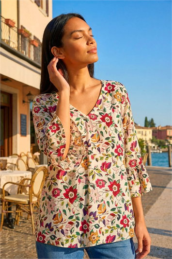 Red Floral Print Flare Sleeve Top