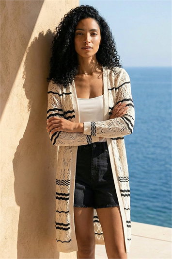 White Wave Stripe Longline Knit Cardigan