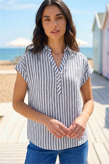 Blue Stripe Print Button Front Top