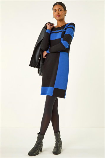 Blue Colour Block Knitted Dress