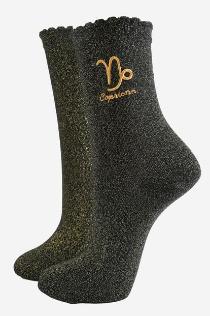 Black Embroiderd Capricorn Zodiac Glitter Socks