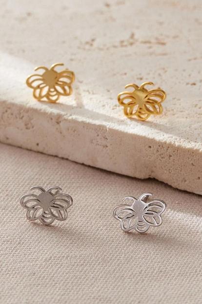 Metallic Sterling Silver Bee Stud Openwork Earrings