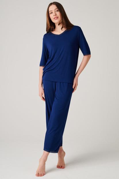 Blue "Navy Peony" Bamboo Lace Pyjama Set