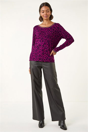 Pink Animal Print Embellished Trim Jumper