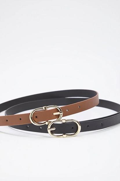 Multi Double Pack Gold Oval Buckle Slim Faux Leather Belt