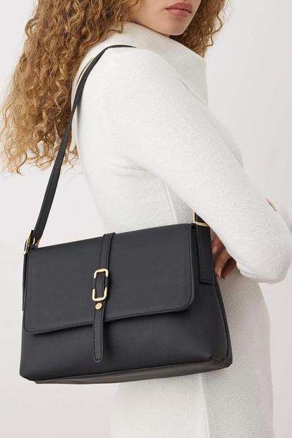 Black Buckle Detail Flap Over Shoulder Bag