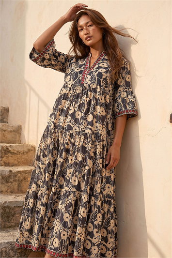 Brown Floral Print Border Maxi Dress