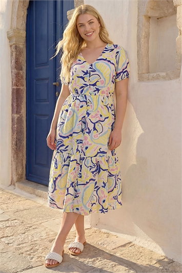 Yellow Curve Abstract Print Button Dress
