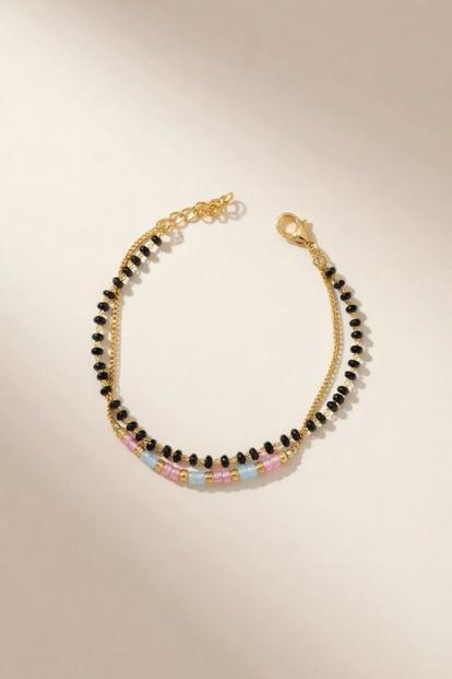 Black Two Layer Black Beaded Plain Unisex Mangalsutra Bracelet