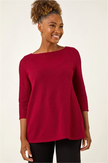 Red Crochet Knit Tunic Stretch Top