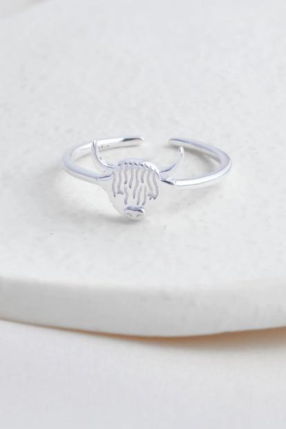 Metallic Sterling Silver Highland Cow Adjustable Ring