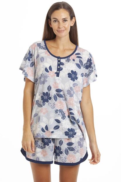 Blue Floral Leaf Print Jersey Short Pyjama Set