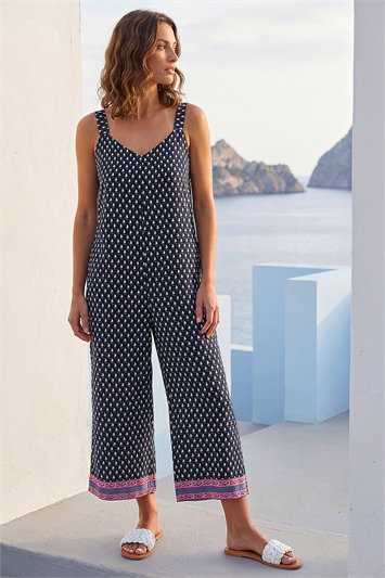 Blue Petite Border Print Cropped Jumpsuit