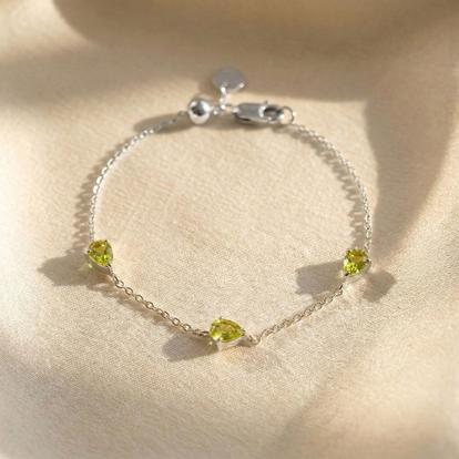 Metallic Peridot August Birthstone Minimalist Sterling Silver Bracelet