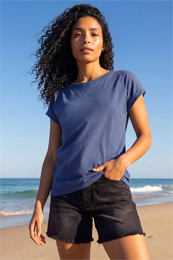 Blue Plain Stretch Cotton Jersey T-Shirt