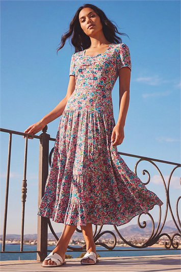 Pink Floral Ruched Midi Dress