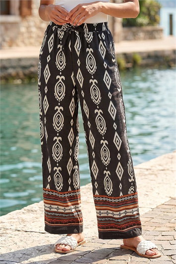 Black Aztec Border Print Wide Leg Trousers