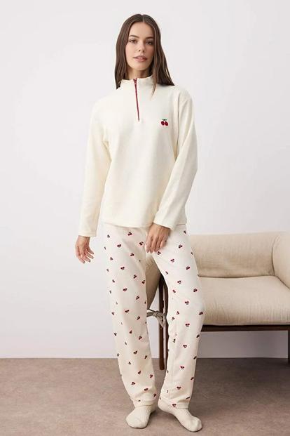 Pink Cherry Embroidered Zip Neck Long Sleeve Waffle Knit Pyjama Set