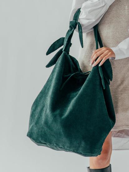 Green Corduroy Tote Bag With Tie Fastening